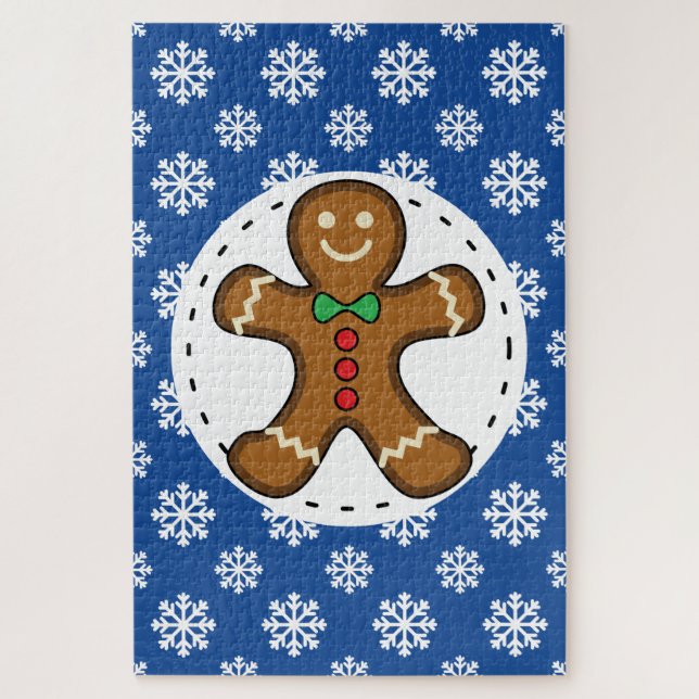 Gingerbread Man on Blue White Snowflakes Pattern Jigsaw Puzzle (Vertical)