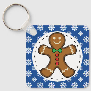 Gingerbread Man on Blue White Snowflakes Pattern Key Ring