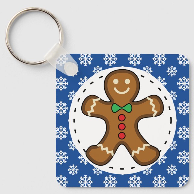 Gingerbread Man on Blue White Snowflakes Pattern Key Ring (Front)
