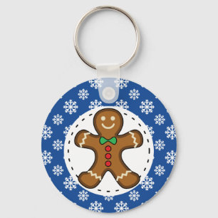 Gingerbread Man on Blue White Snowflakes Pattern Key Ring
