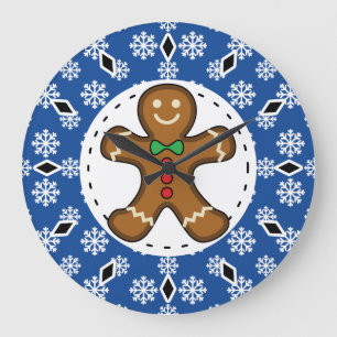 Gingerbread Man on Blue White Snowflakes Pattern Large Clock