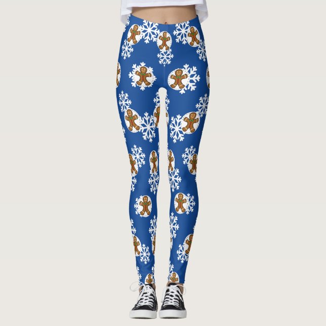 Gingerbread Man on Blue White Snowflakes Pattern Leggings (Front)