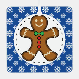 Gingerbread Man on Blue White Snowflakes Pattern Metal Tree Decoration