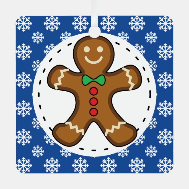 Gingerbread Man on Blue White Snowflakes Pattern Metal Tree Decoration (Front)