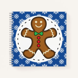Gingerbread Man on Blue White Snowflakes Pattern Notebook