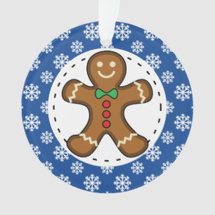 Gingerbread Man on Blue White Snowflakes Pattern Ornament