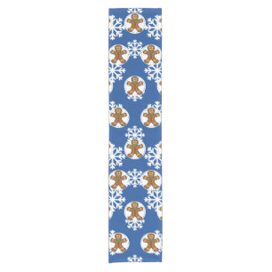 Gingerbread Man on Blue White Snowflakes Pattern Short Table Runner