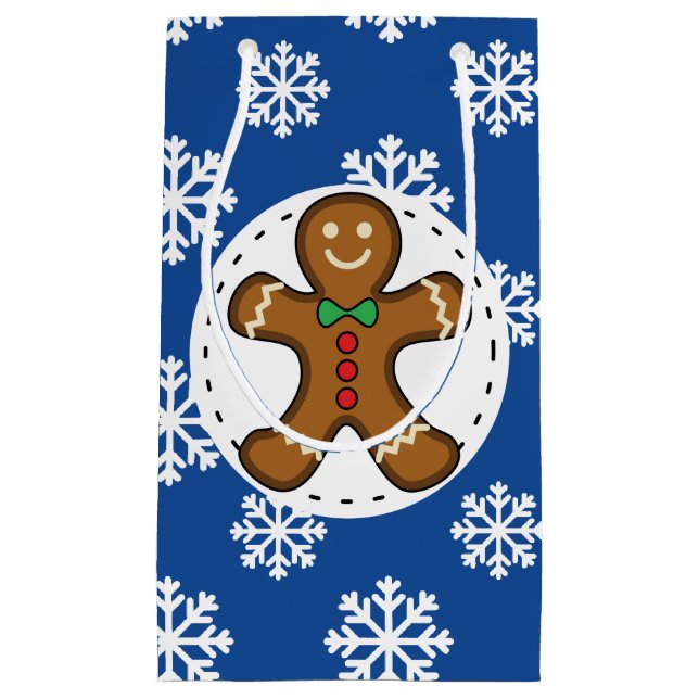 Gingerbread Man on Blue White Snowflakes Pattern Small Gift Bag (Front)