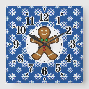 Gingerbread Man on Blue White Snowflakes Pattern Square Wall Clock
