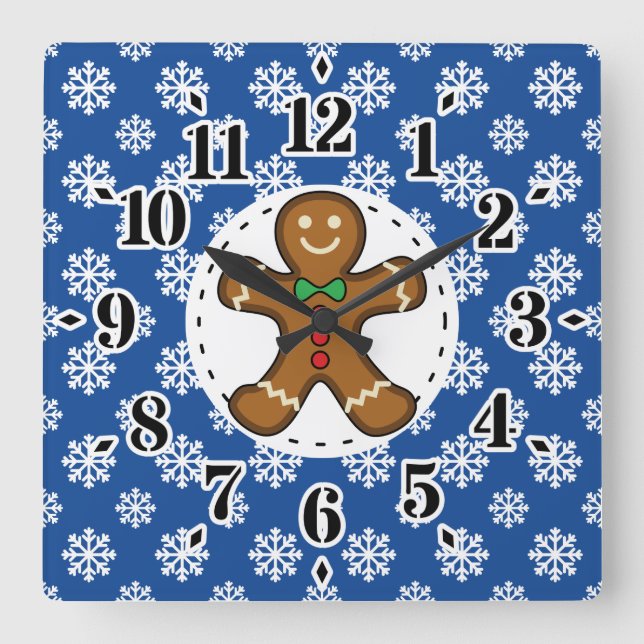 Gingerbread Man on Blue White Snowflakes Pattern Square Wall Clock (Front)