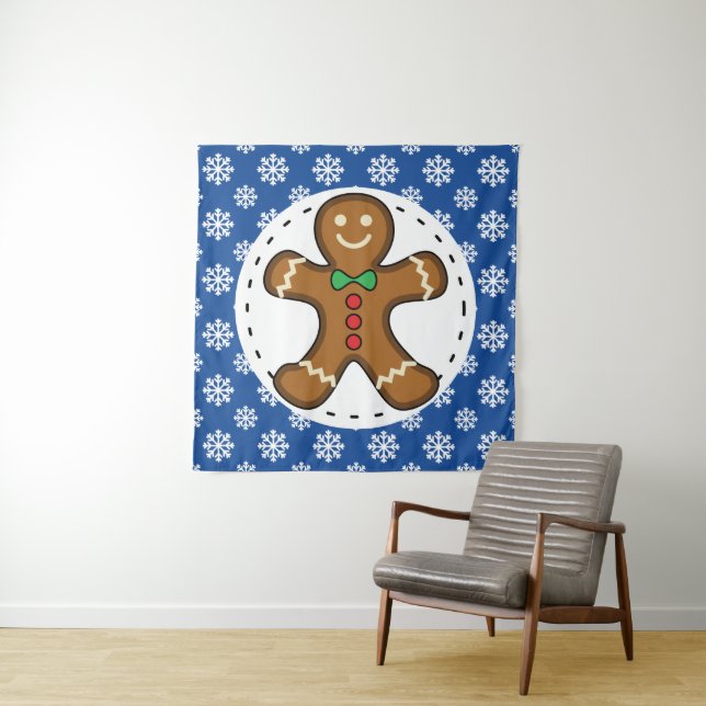 Gingerbread Man on Blue White Snowflakes Pattern Tapestry (In Situ)