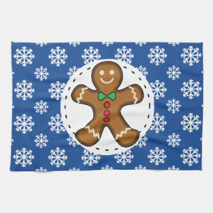 Gingerbread Man on Blue White Snowflakes Pattern Tea Towel