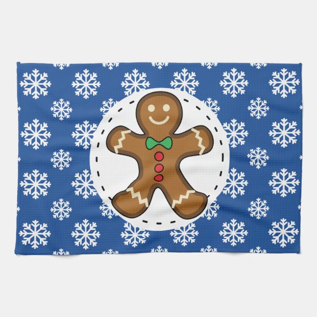 Gingerbread Man on Blue White Snowflakes Pattern Tea Towel (Horizontal)