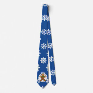 Gingerbread Man on Blue White Snowflakes Pattern Tie