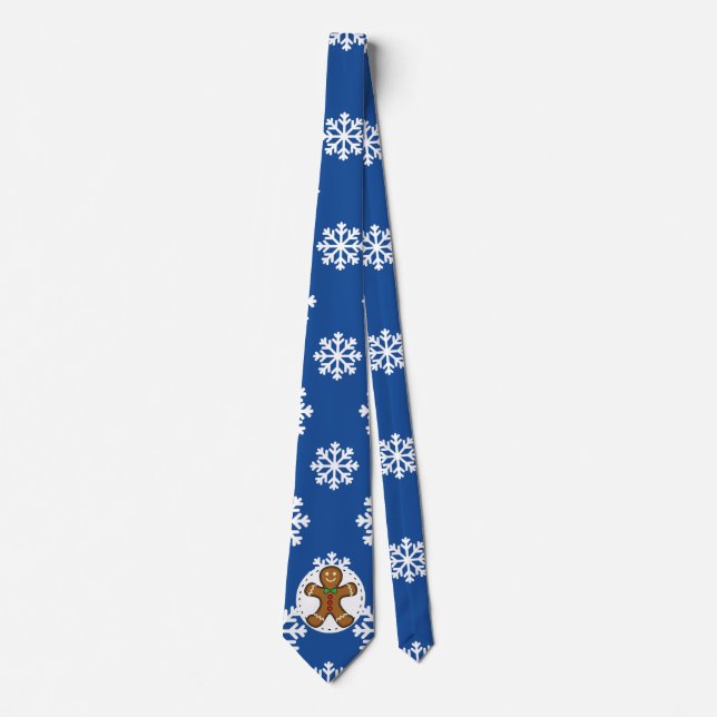Gingerbread Man on Blue White Snowflakes Pattern Tie (Front)