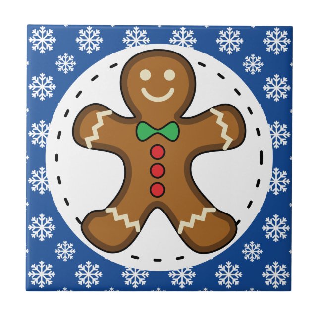 Gingerbread Man on Blue White Snowflakes Pattern Tile (Front)