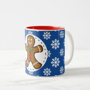Gingerbread Man on Blue White Snowflakes Pattern Two-Tone Coffee Mug