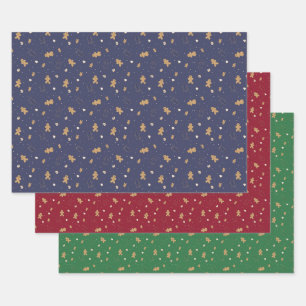 Gingerbread man on red, blue and green wrapping paper sheet