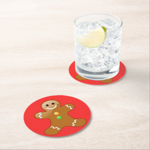 Gingerbread Man on Red Round Paper Coaster