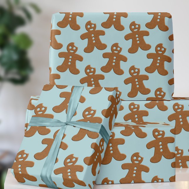 Gingerbread Man Pattern Christmas Wrapping Paper (A fun and festive gingerbread cookie pattern on a robin egg blue. Not traditional but full of joy!)