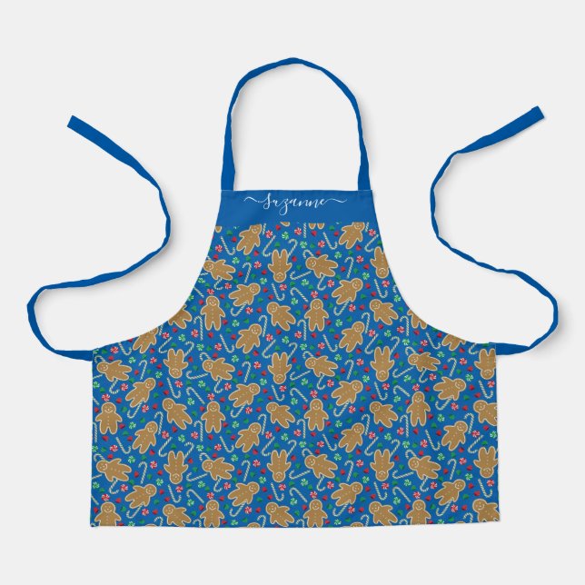 Gingerbread Man Peppermint Candy on Blue Pattern Apron (Front)