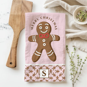 Gingerbread Man Pink Monogram Merry Christmas Tea Towel