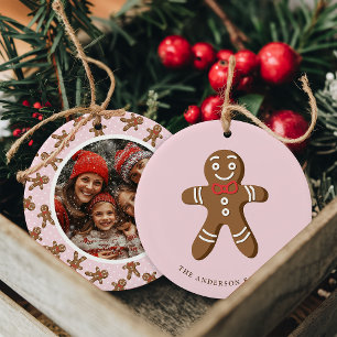 Gingerbread Man Pink Polka Dot Christmas Photo Ceramic Tree Decoration