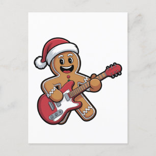 Gingerbread Man Play Guitar Electric Christmas Holiday Postcard