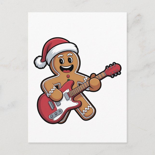 Gingerbread Man Play Guitar Electric Christmas  Invitation Postcard (Front)