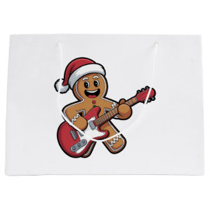 Gingerbread Man Play Guitar Electric Christmas  Large Gift Bag
