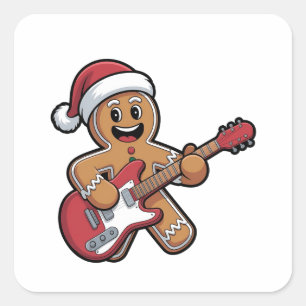 Gingerbread Man Play Guitar Electric Christmas Square Sticker