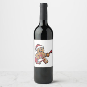 Gingerbread Man Play Guitar Electric Christmas Wine Label