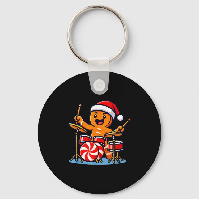 Gingerbread Man Playing Drums  Key Ring (Front)
