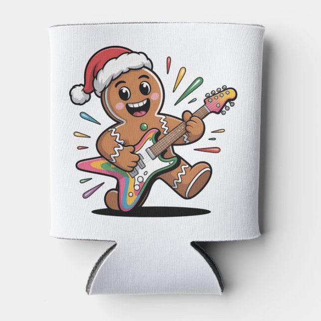 Gingerbread Man Playing Guitar Electric Santa  Can Cooler (Front)