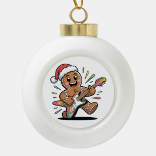 Gingerbread Man Playing Guitar Electric Santa Ceramic Ball Christmas Ornament
