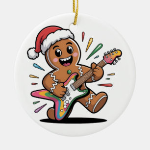 Gingerbread Man Playing Guitar Electric Santa Ceramic Tree Decoration