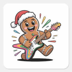 Gingerbread Man Playing Guitar Electric Santa  Square Sticker