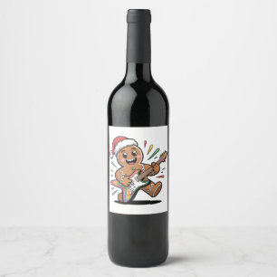 Gingerbread Man Playing Guitar Electric Santa  Wine Label