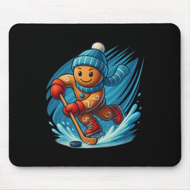 Gingerbread Man Playing Hockey Funny Christmas Tee Mouse Mat (Front)