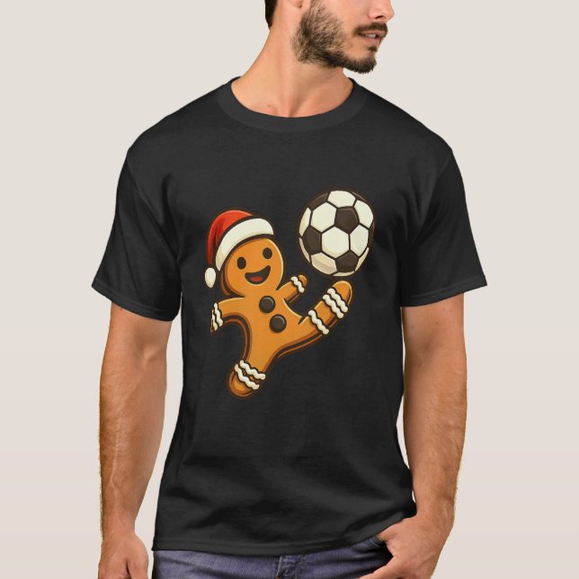 Gingerbread Man Playing Soccer Funny Christmas Tee (Front)