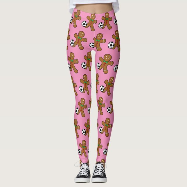 Gingerbread Man Playing Soccer Leggings (Front)