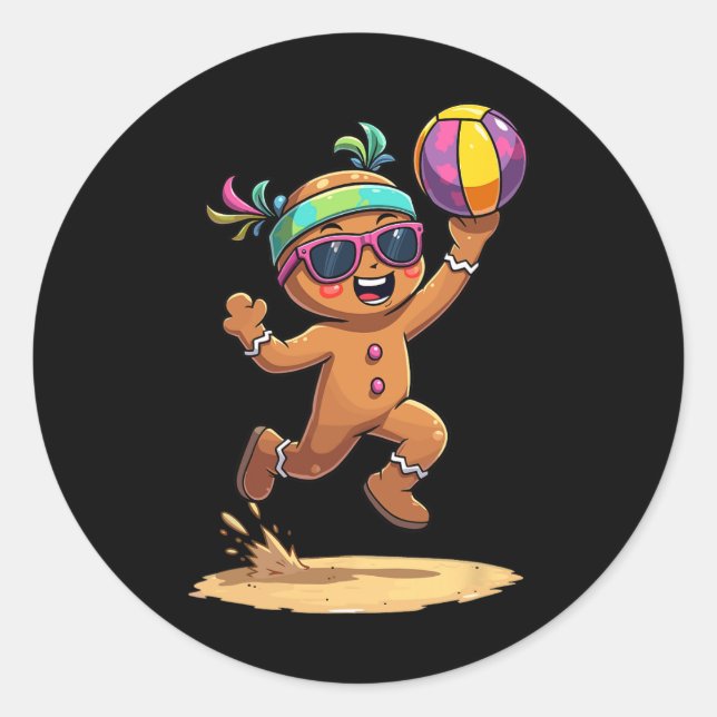 Gingerbread Man Playing Volleyball Christmas Xmas  Classic Round Sticker (Front)