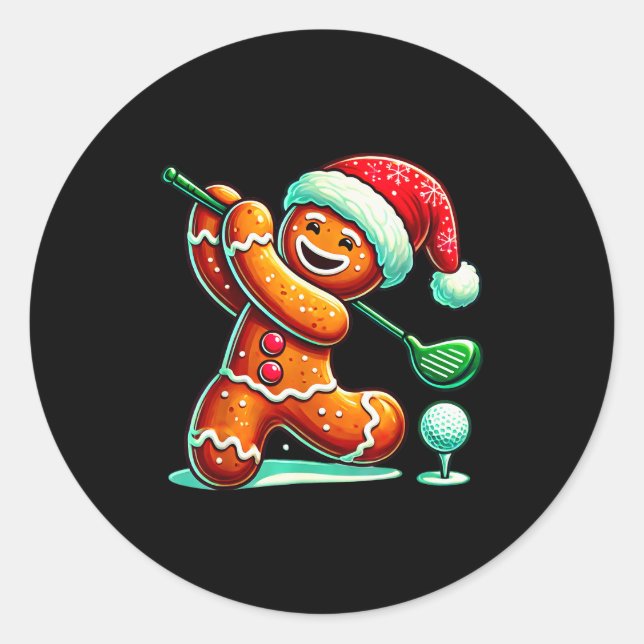 Gingerbread Man Plays Golf Christmas Golfing Santa Classic Round Sticker (Front)