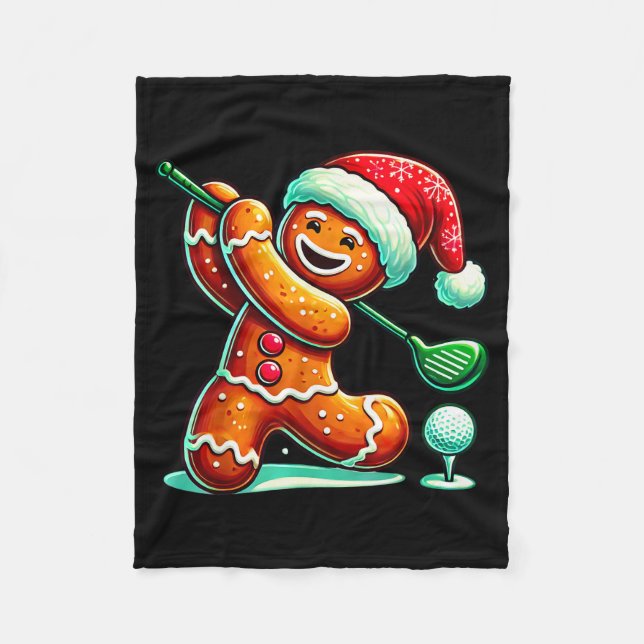 Gingerbread Man Plays Golf Christmas Golfing Santa Fleece Blanket (Front)