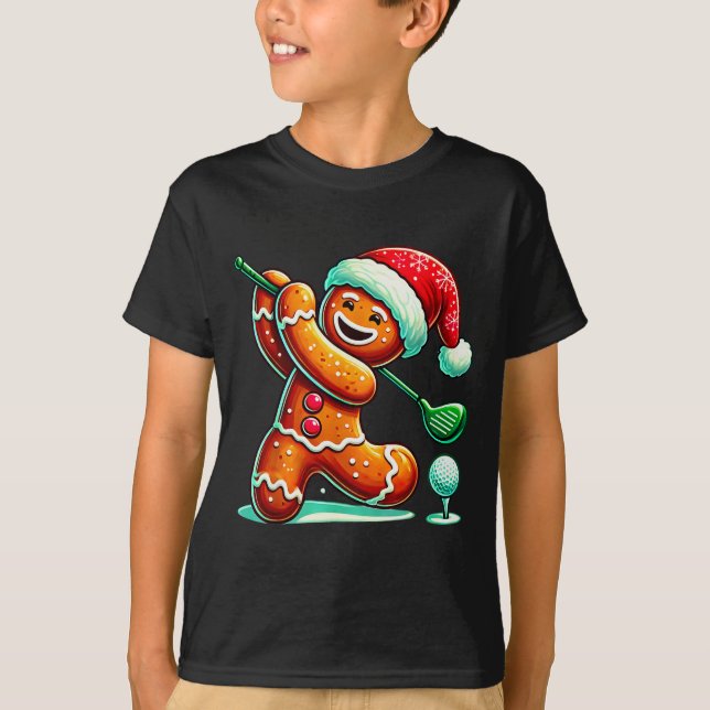 Gingerbread Man Plays Golf Christmas Golfing Santa T-Shirt (Front)