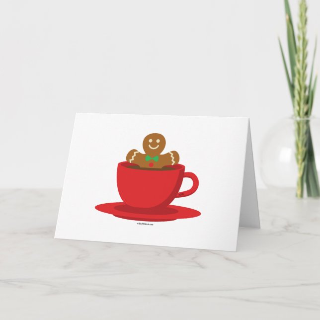 Gingerbread Man Relaxing In Hot Chocolate Red Cup Card (Front)