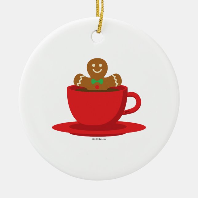 Gingerbread Man Relaxing In Hot Chocolate Red Cup Ceramic Tree Decoration (Front)