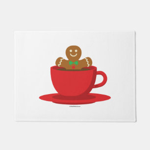 Gingerbread Man Relaxing In Hot Chocolate Red Cup Doormat