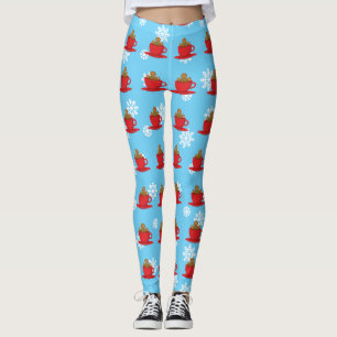 Gingerbread Man Relaxing In Hot Chocolate Red Cup Leggings