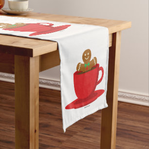 Gingerbread Man Relaxing In Hot Chocolate Red Cup Medium Table Runner